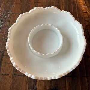 Vintage Fenton Milk Glass Hobnail Divided Dish Ruffled Edge